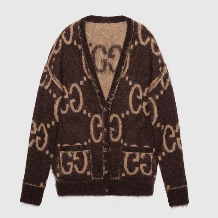 Gucci Men Reversible GG Mohair Wool Cardigan Brushed GG Jacquard Blend V-Neck Front Pockets