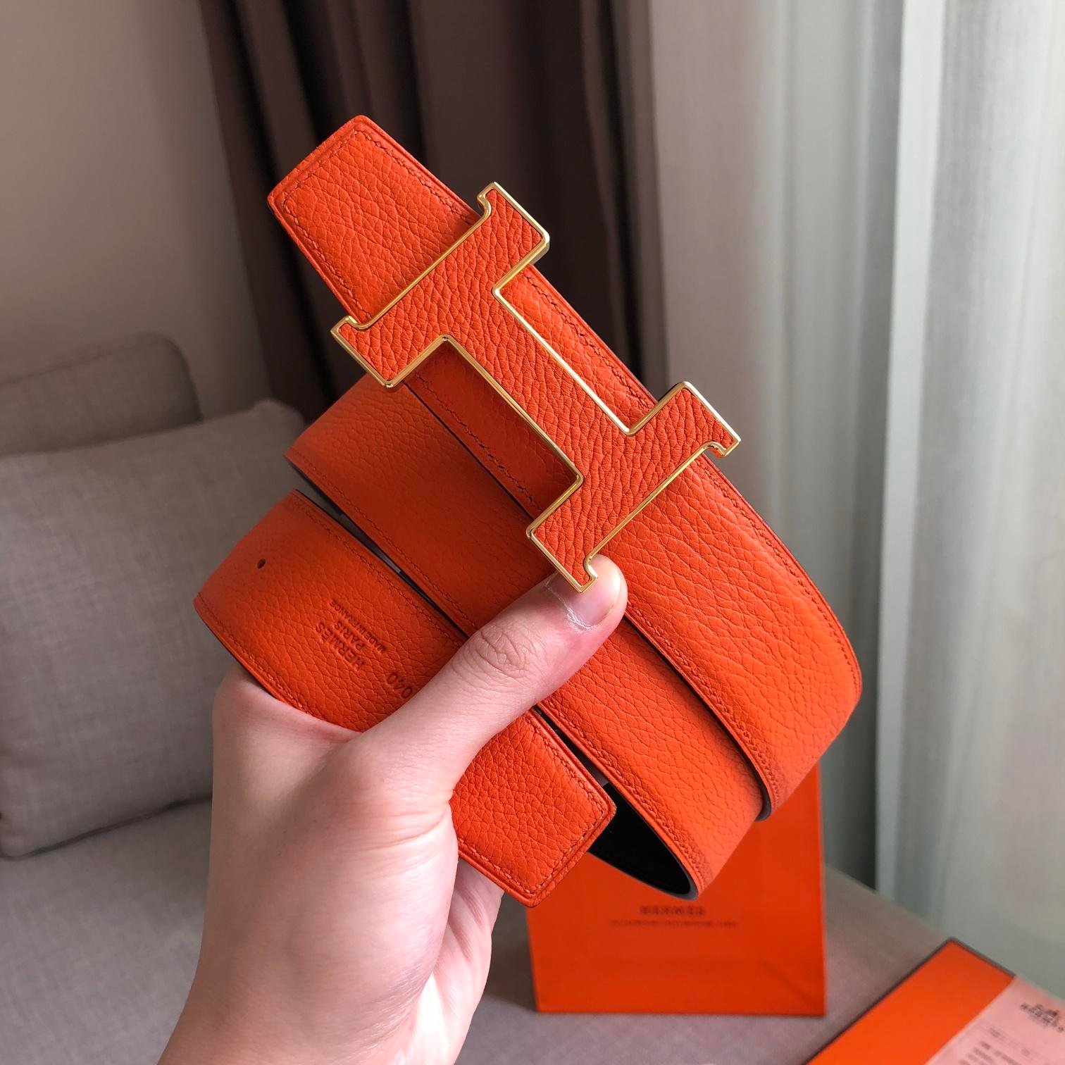 Hermes H Guillochee Belt Buckle & Reversible Strap Orange Belt 380MM