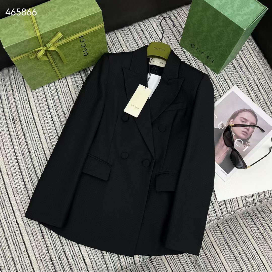 Gucci Women GG Double-Breasted Wool Jacket Slimmer Fitted Sleeves Button Closure