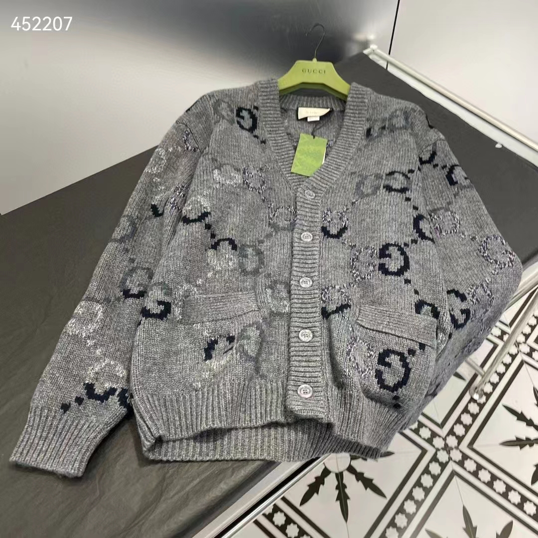Gucci Men Wool Cardigan GG Intarsia Grey Allover V-Neck Dropped Shoulder Long Sleeves Style 770507 XKDSJ 1128