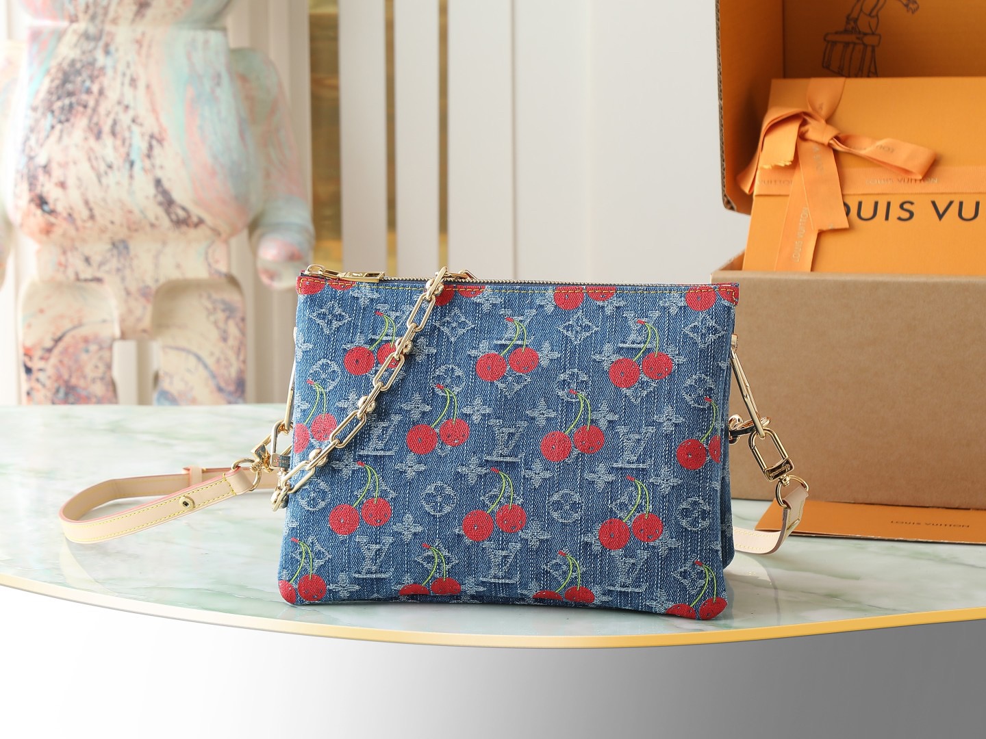 Louis Vuitton new denim cherry embroidery chain bag M14978