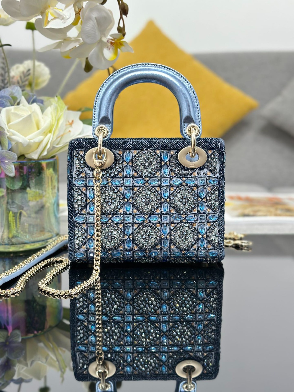 Dior Three-check chain embroidered Rhinestone