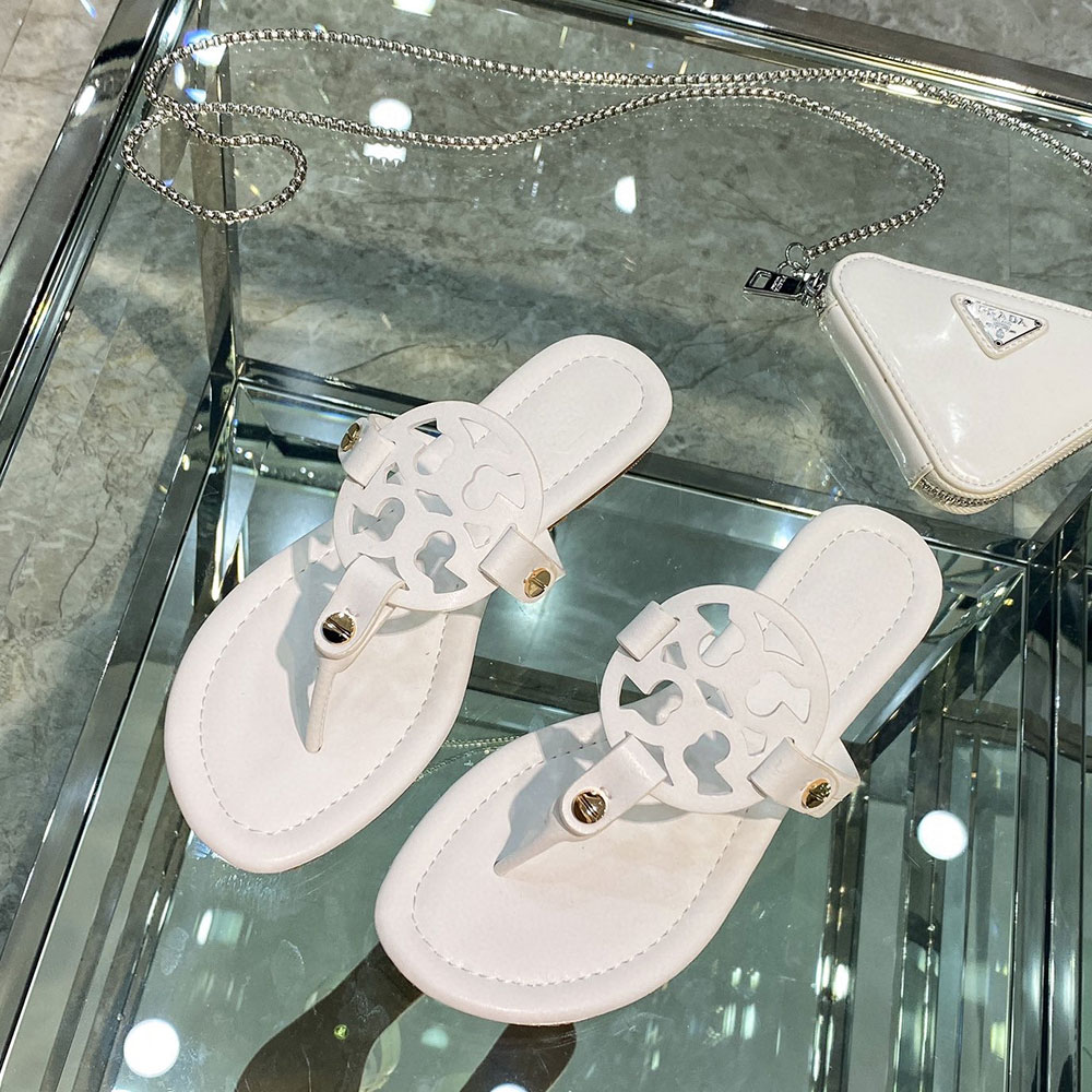 Tory Burch Leather Metal Double T Logo Flip-flops Sandals Slide