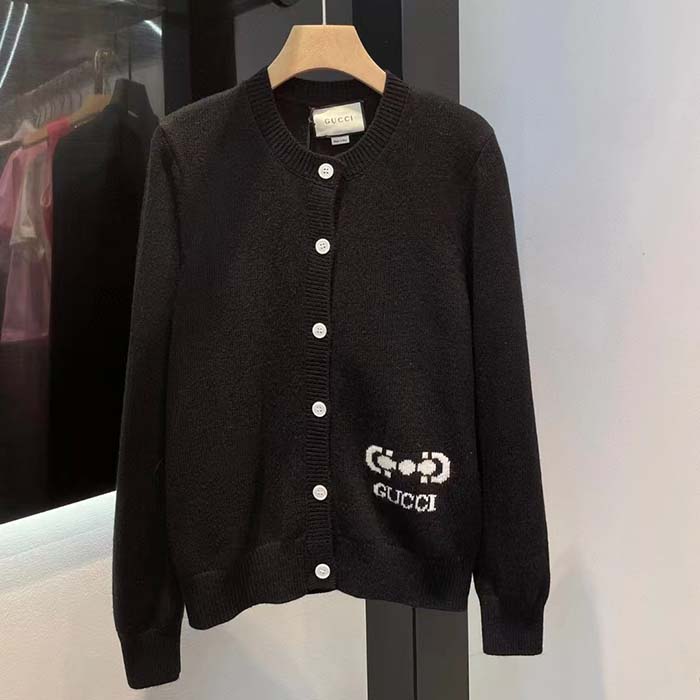 Gucci Women GG Extra Fine Wool Cardigan Black Horsebit Intarsia V-Neck Two Front Pockets