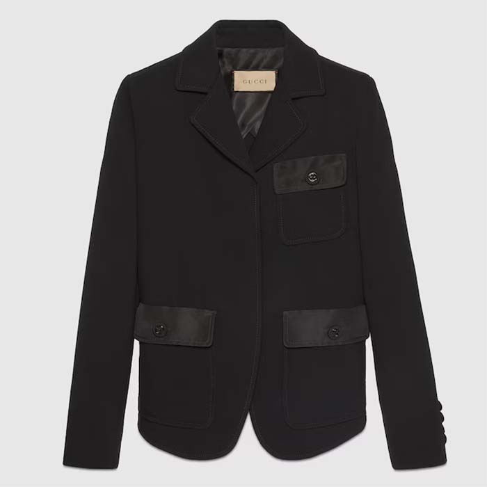 Gucci Men GG Fine Wool Crêpe Jacket Black Satin Unlined Notch Lapel Three Front Pockets