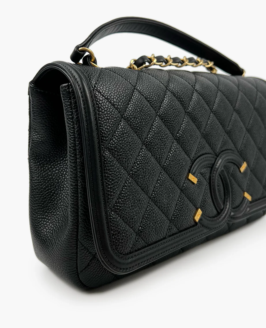 Chanel Black Quilted Caviar Leather Medium Filigree Flap Bag