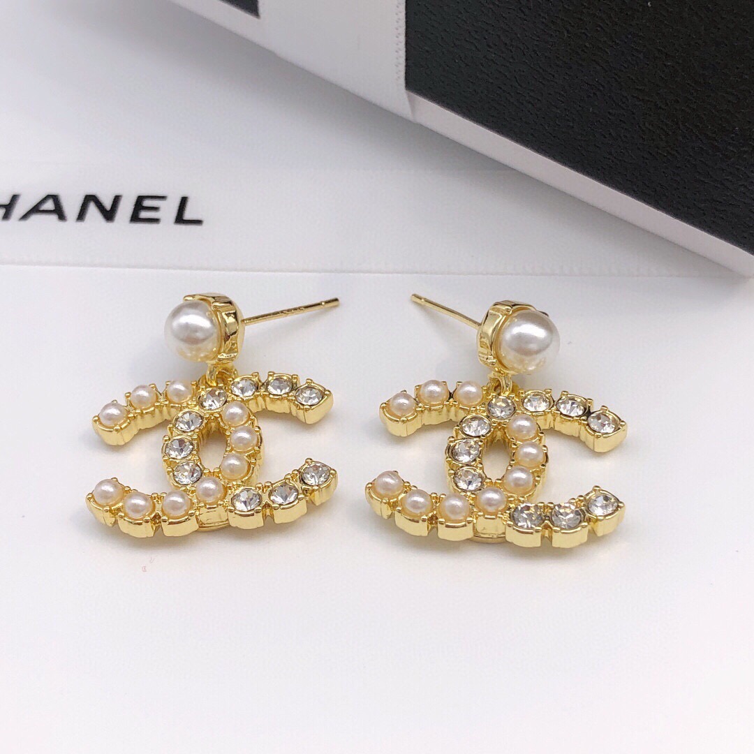 Chanel Double C Diamond Pearl Stud Earrings