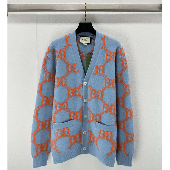 Gucci Men Wool Cardigan GG Intarsia Blue V-Neck Long Sleeves