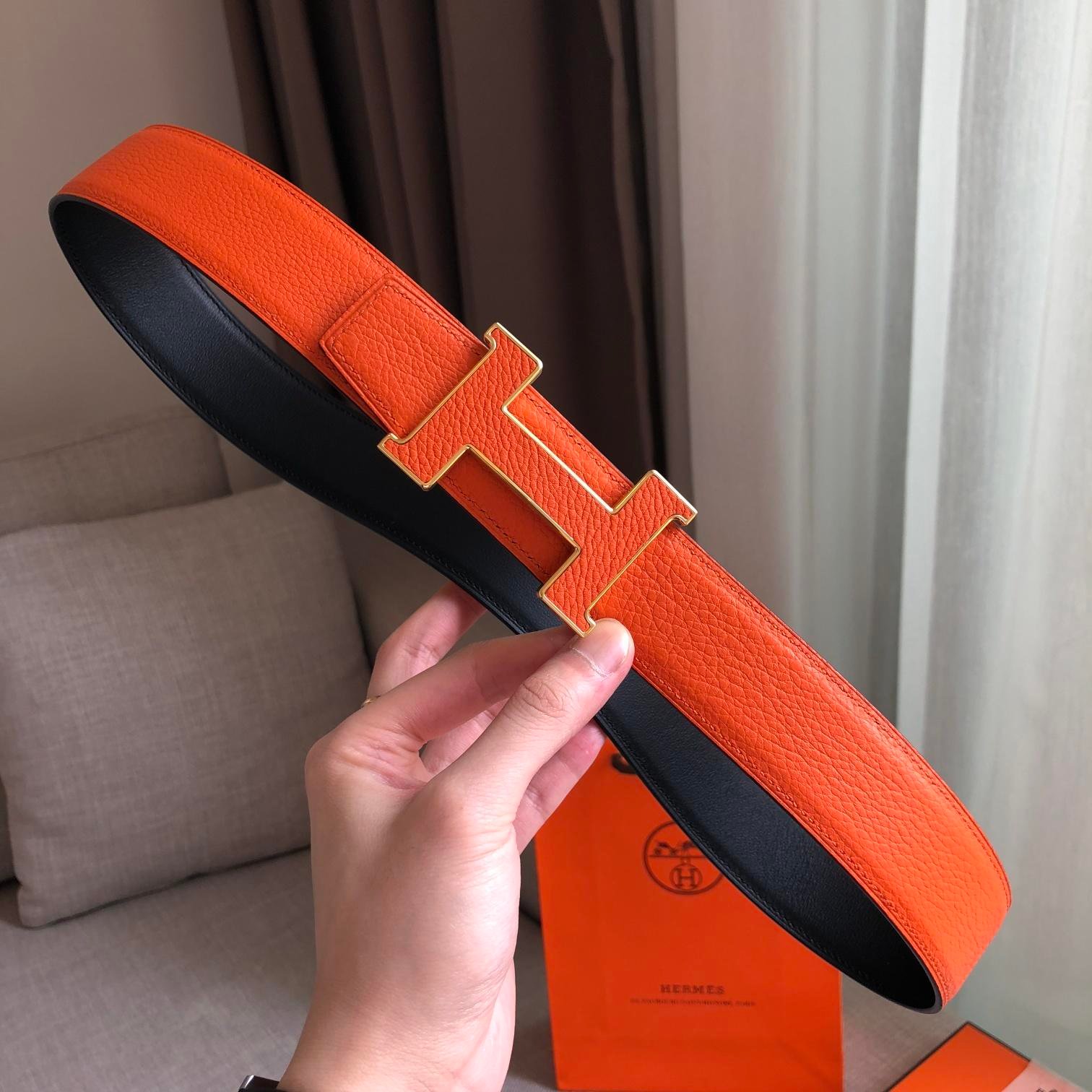 Hermes H Guillochee Belt Buckle & Reversible Strap Orange Belt 380MM