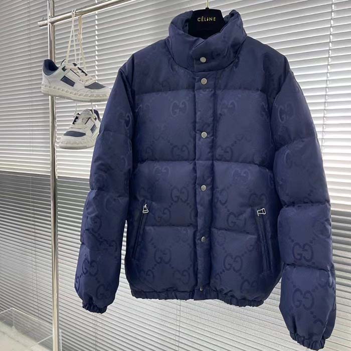 Gucci Men Jumbo GG Canvas Down Jacket Blue Nylon Front Zip Pockets