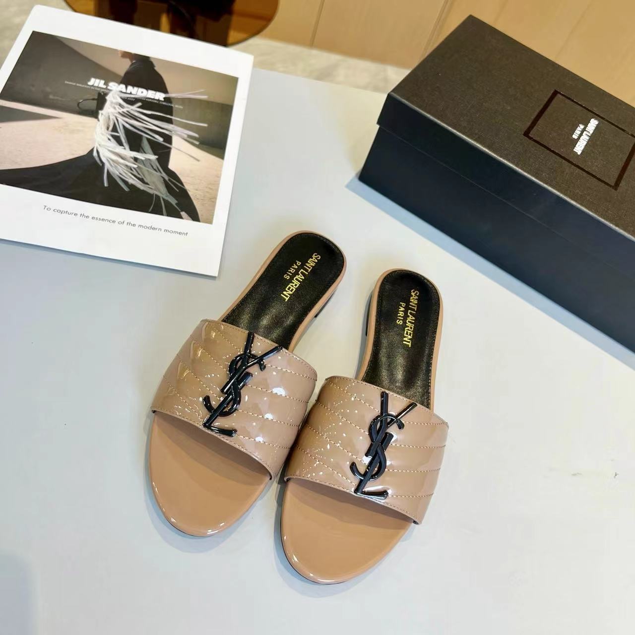 YSL Saint Laurent Black Label Slippers Patent Leather