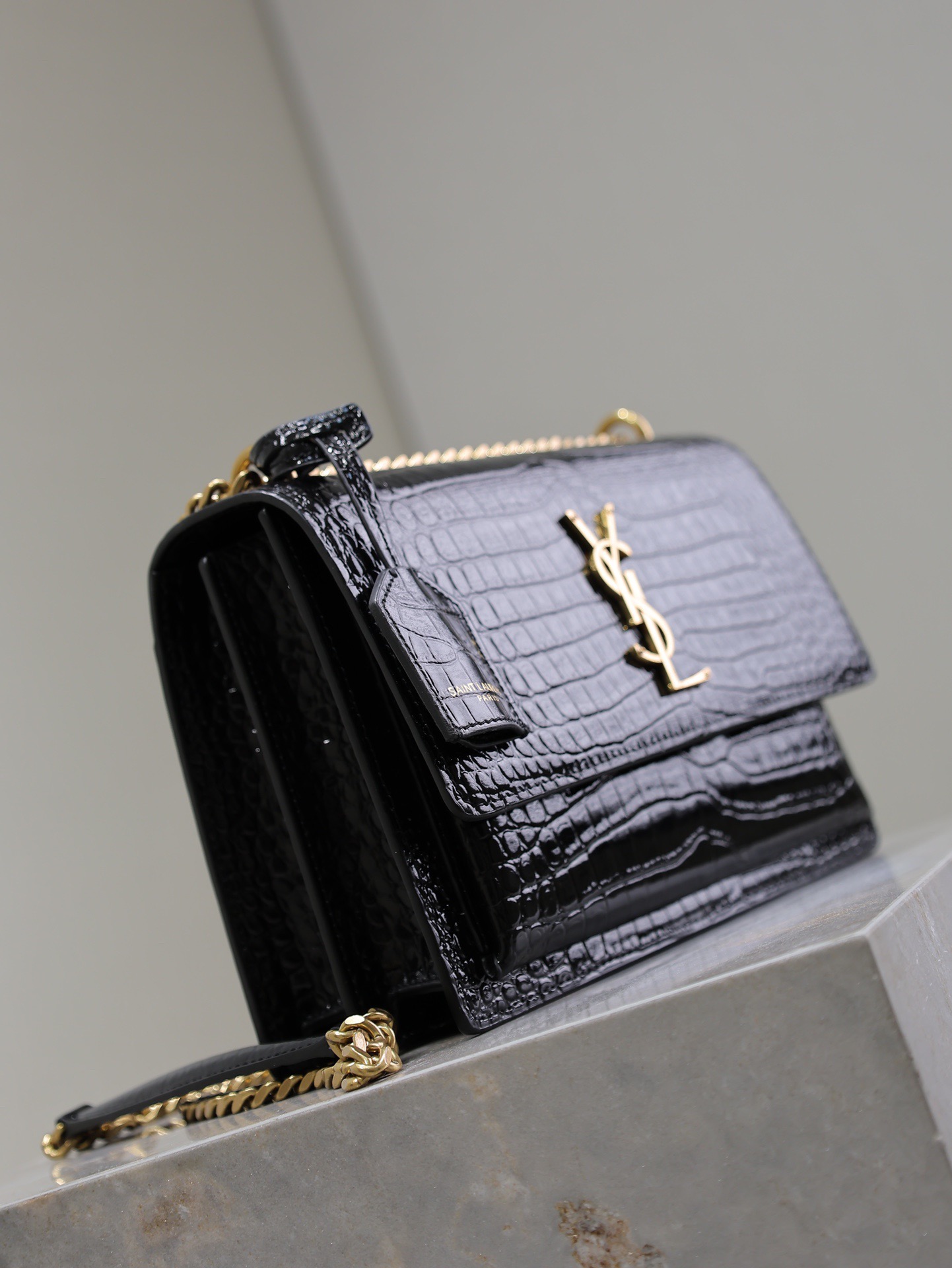Saint Laurent Black Crocodile Pattern Chain Shoulder Bag