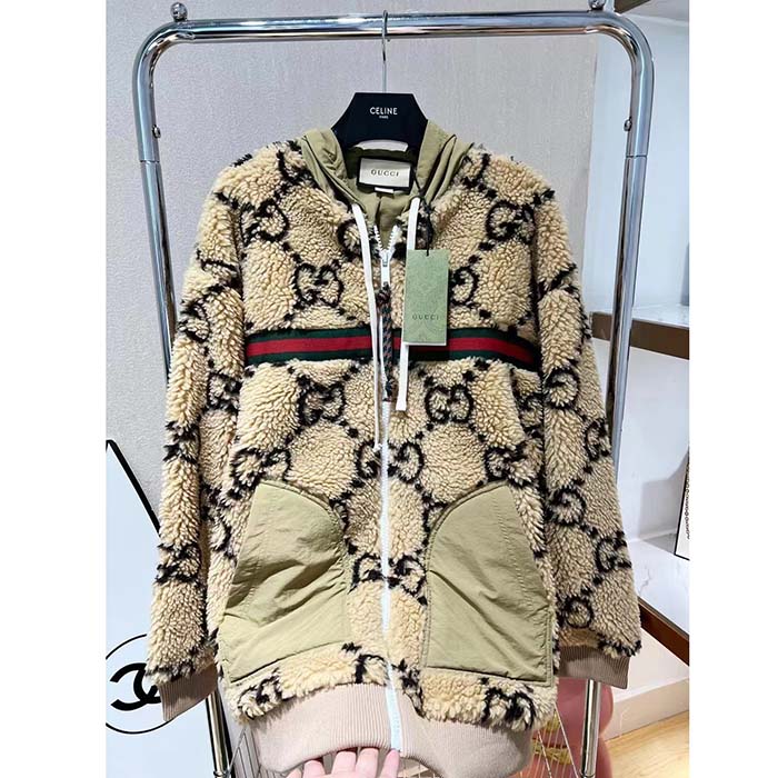 Gucci Men Maxi GG Wool Jersey Jacket Beige Black Polyamide Polyester