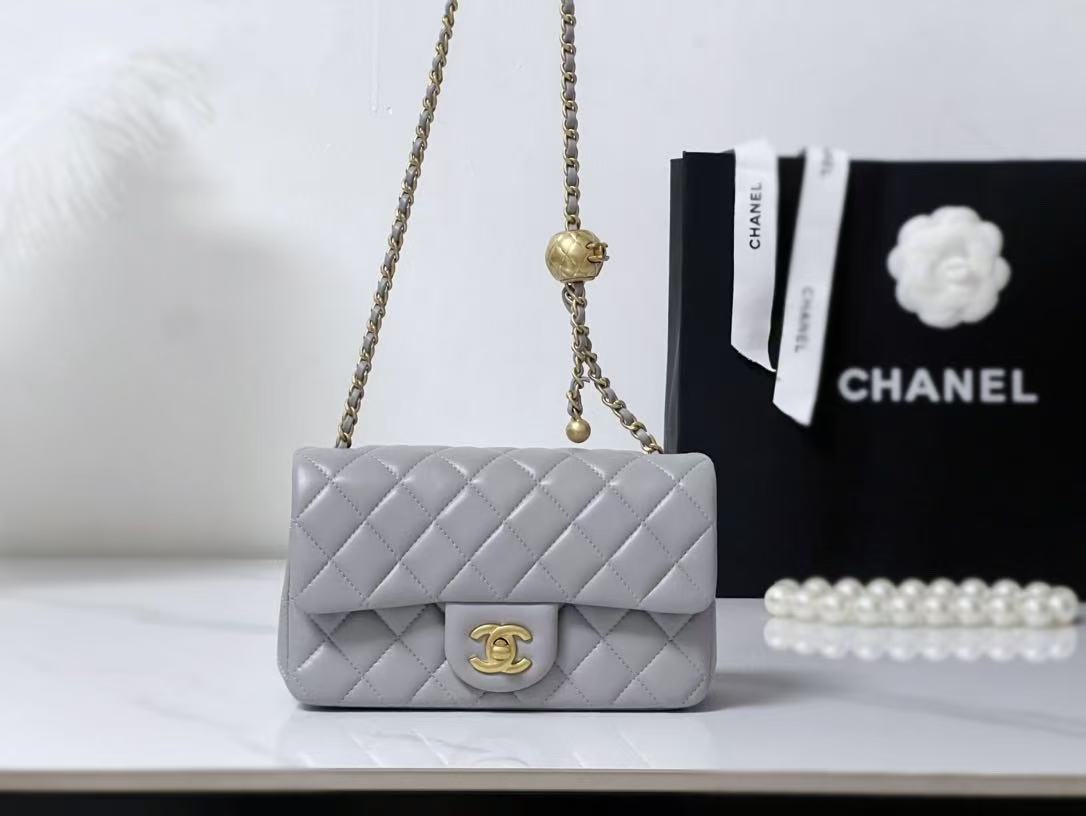 Chanel Classic Flag Bag Pearl Crush Mini Rectangular Flap Bag Light Grey Lambskin Antique Gold Hardware