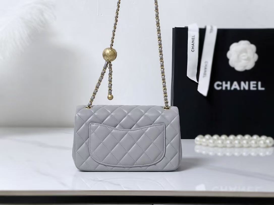 Chanel Classic Flag Bag Pearl Crush Mini Rectangular Flap Bag Light Grey Lambskin Antique Gold Hardware