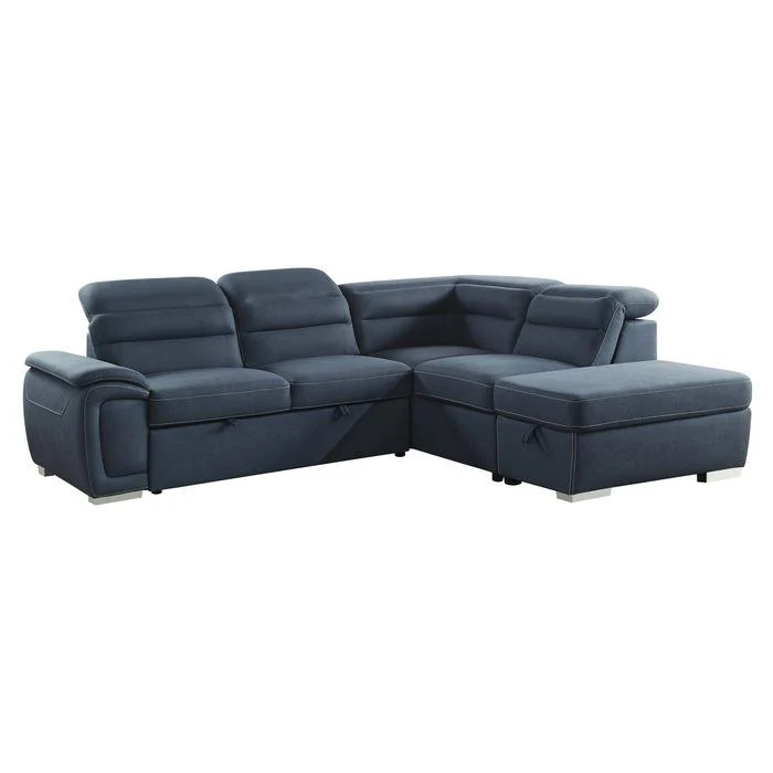 8277NBU - (3)3-Piece Sectional with Adjustable Headrests, Pull-out Bed and Right Chaise with Storage Ottoman