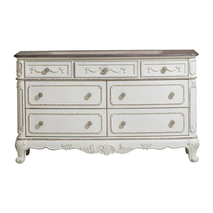 Cinderella 7 Drawer Dresser in Antique White with Grey Rub-Through 1386NW-5