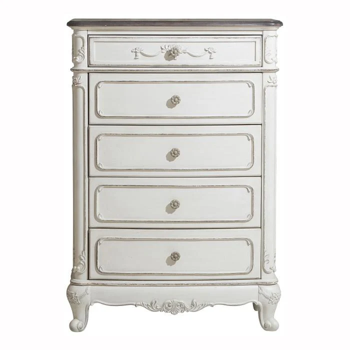 Cinderella 5 Drawer Chest in Antique White with Grey Rub-Through 1386NW-9