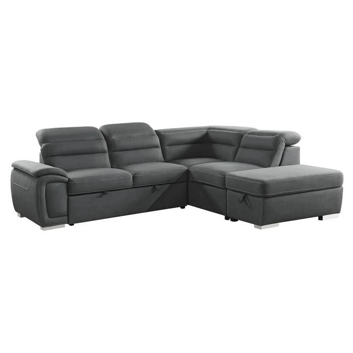 8277NGY - (3)3-Piece Sectional with Adjustable Headrests, Pull-out Bed and Right Chaise with Storage Ottoman