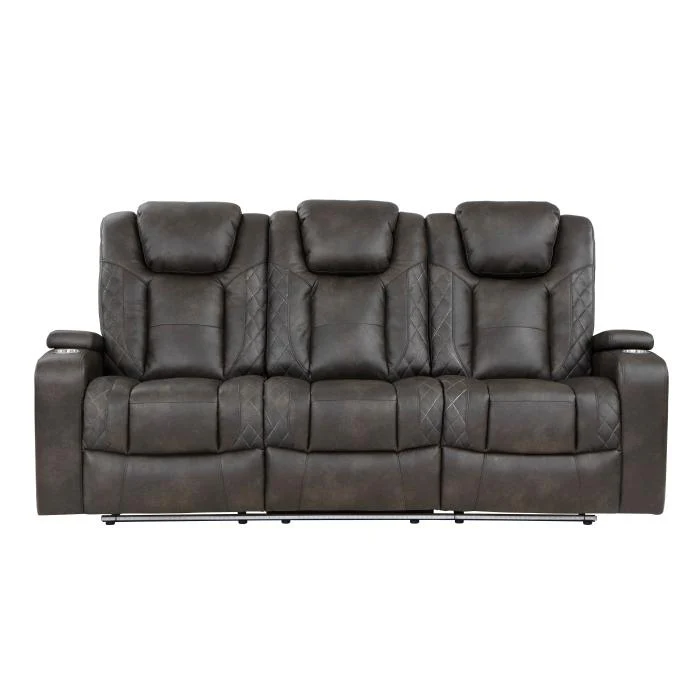 9211BRG-3PWH - Power Double Reclining Sofa with Center Drop-Down Cup Holders, Power Headrests, Storage Arms and Cup holders