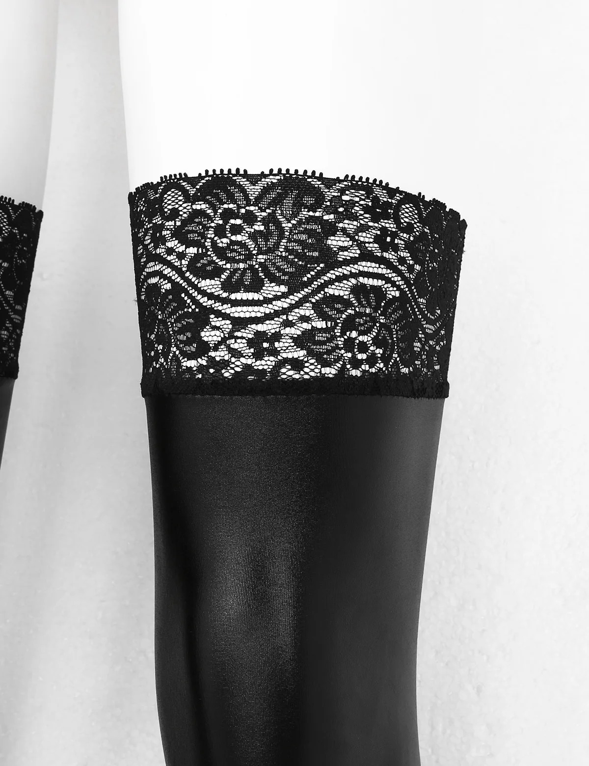 Pu Leather Lace Stockings Sexy Black Clubwear Costumes Women Anti-skid Elasticity Wet Look Patent Thigh High Footed Cosplay