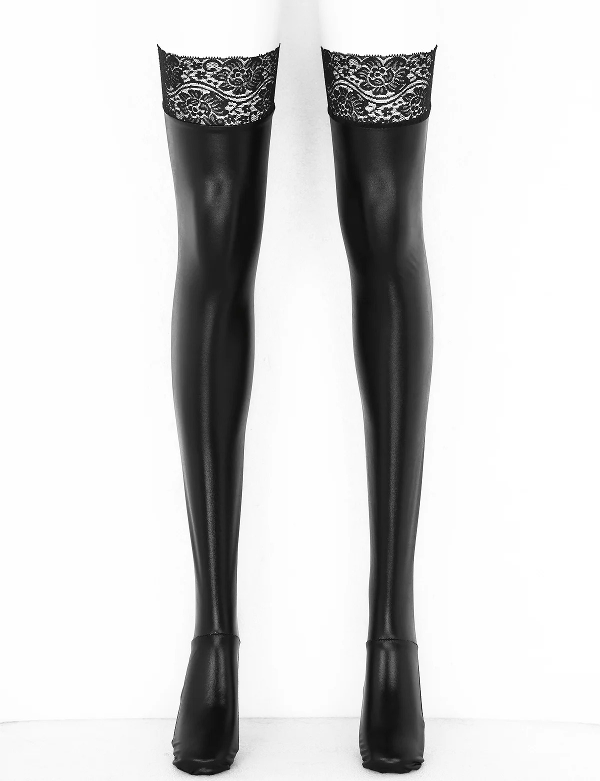 Pu Leather Lace Stockings Sexy Black Clubwear Costumes Women Anti-skid Elasticity Wet Look Patent Thigh High Footed Cosplay