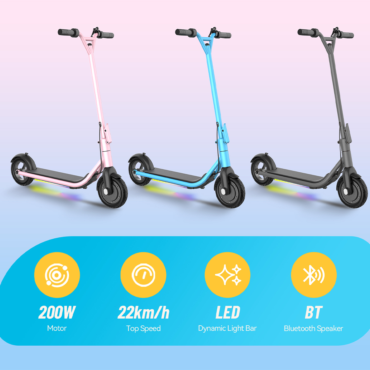 Kids Electric Scooter with LED Lights 200W Motor 8-Inch Tires Foldable E Scooter for Children