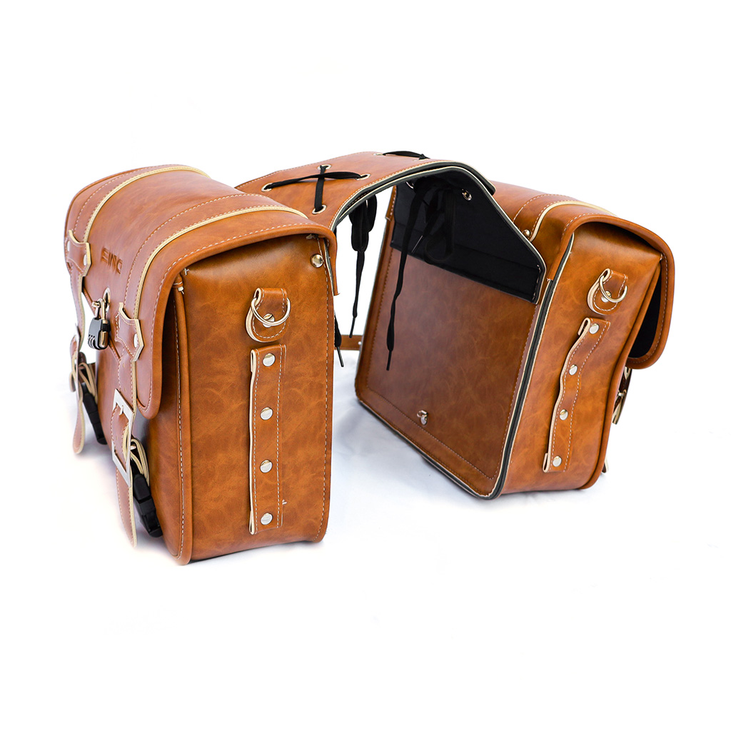 Genuine Leather Double Saddle Bag for Electric Bike – Waterproof Rear Rack Bicycle Panniers with Buckle Straps