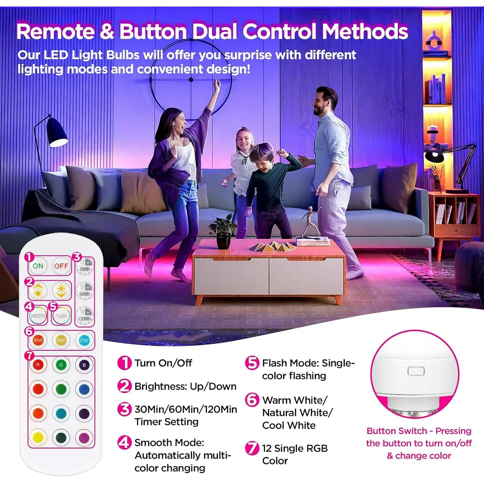 Jozram Rechargeable LED Light Bulbs with Remote, 2-Pack Dimmable RGB Puck Lights, 15 Colors, 3 Timers, for Wall Sconce