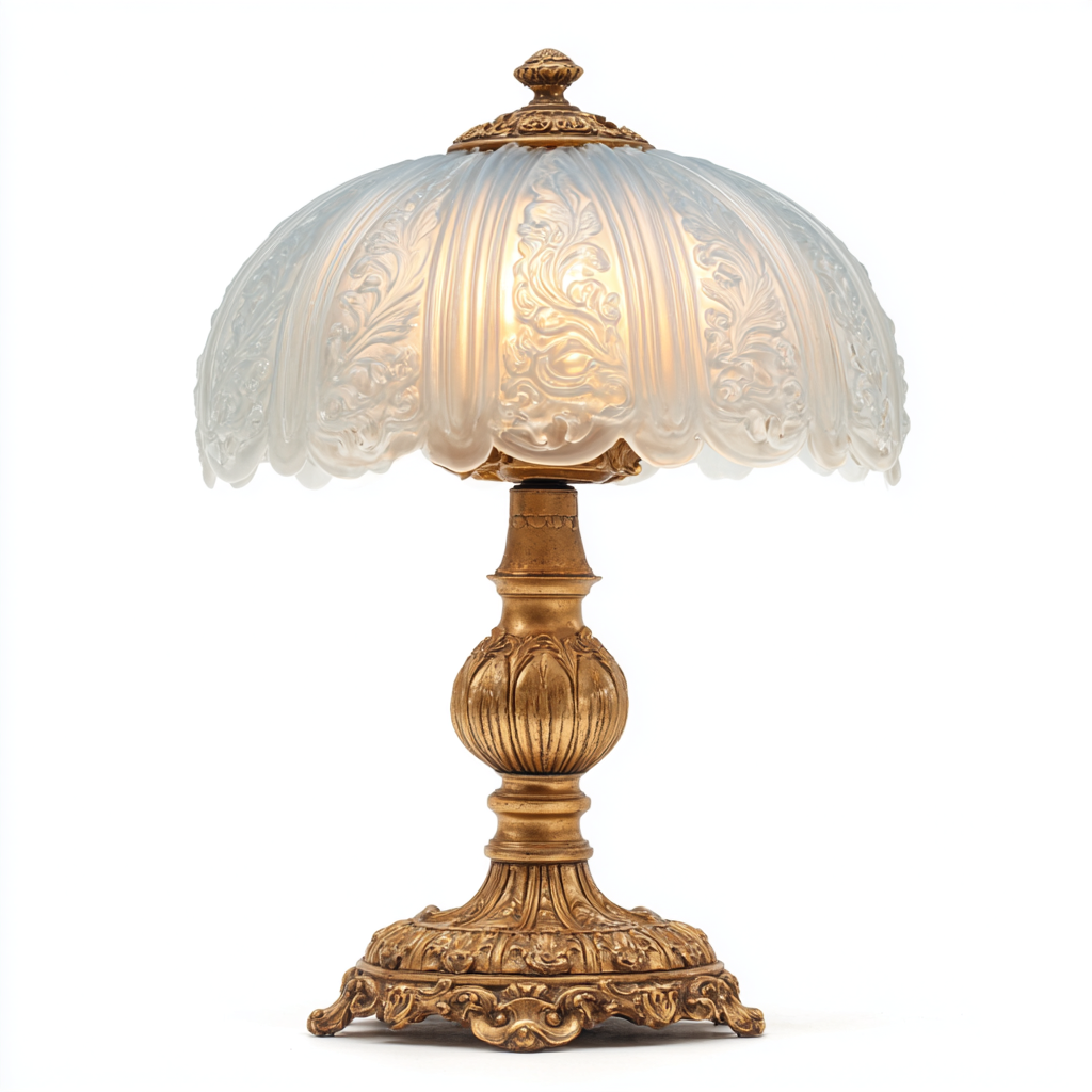 Lámpara de mesa clásica con pantalla de cristal esmerilado y base dorada ornamentada