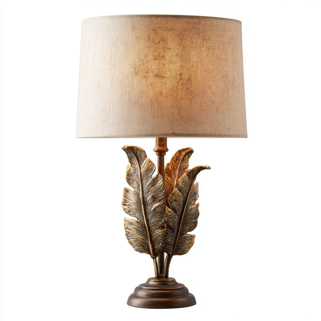 Lámpara de mesa tropical con diseño de hojas de plátano en bronce