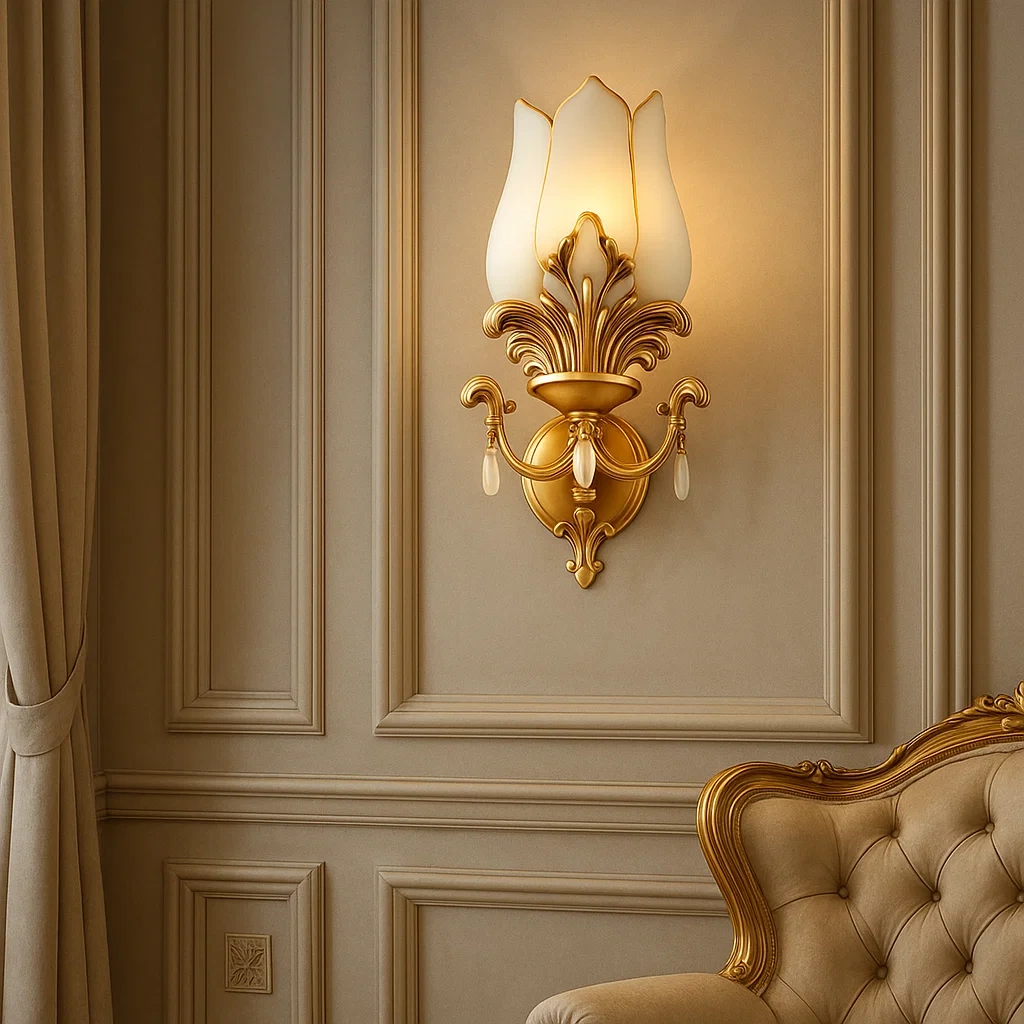 Aplique de pared blanco y dorado con diseño de flo