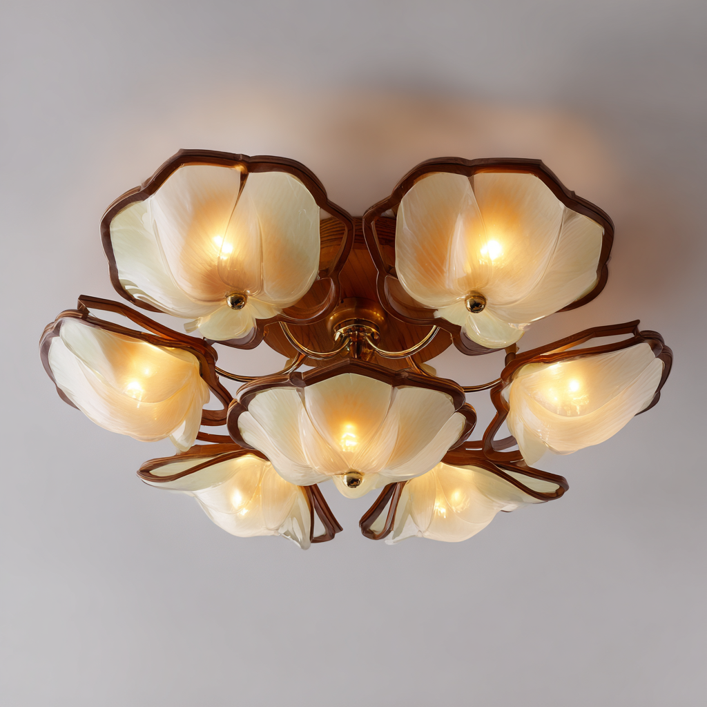 Lámpara de techo con 6 pantallas en forma de flor de vidrio beige y estructura dorada