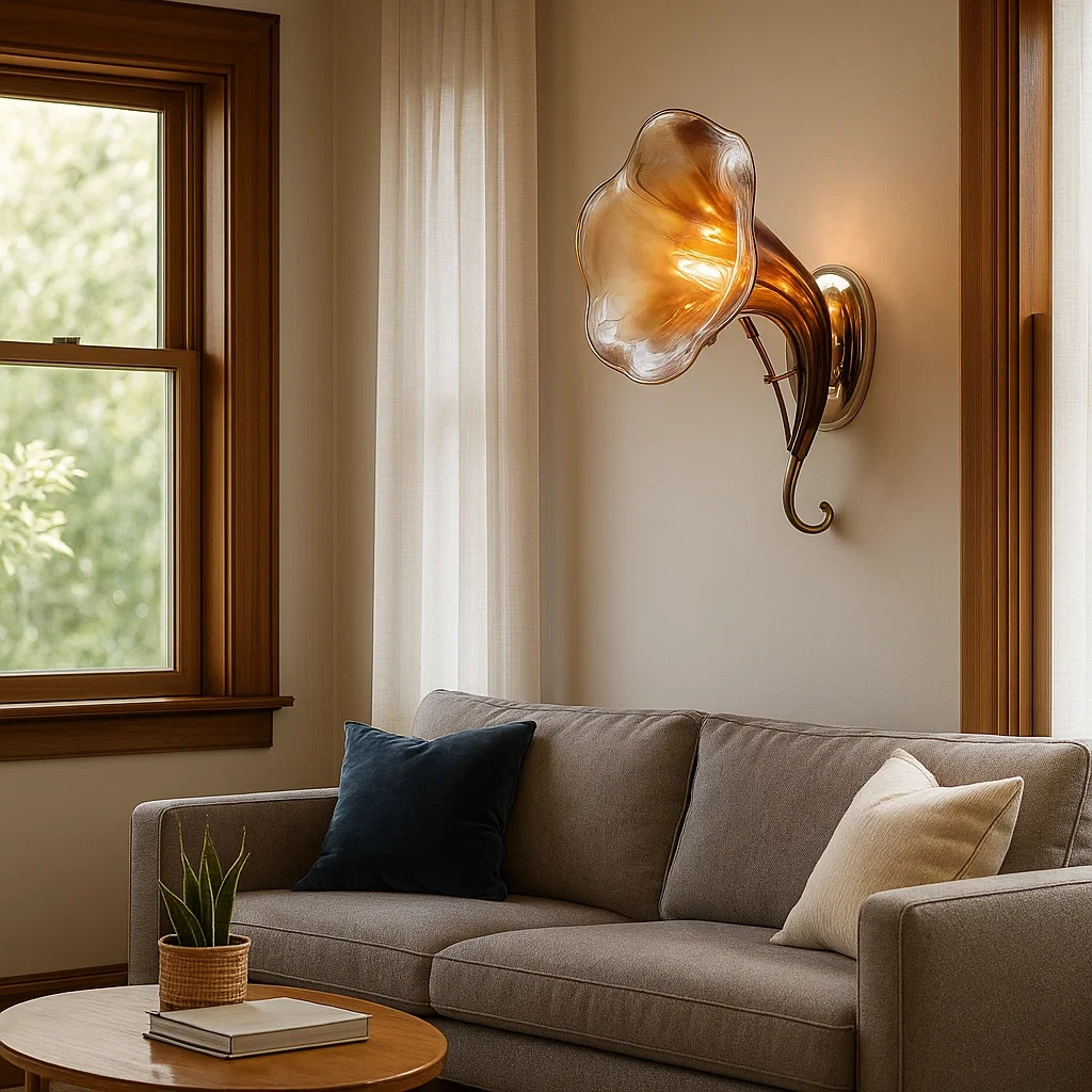 Lámpara de pared con forma orgánica hecha de vidrio soplado y metal pulido