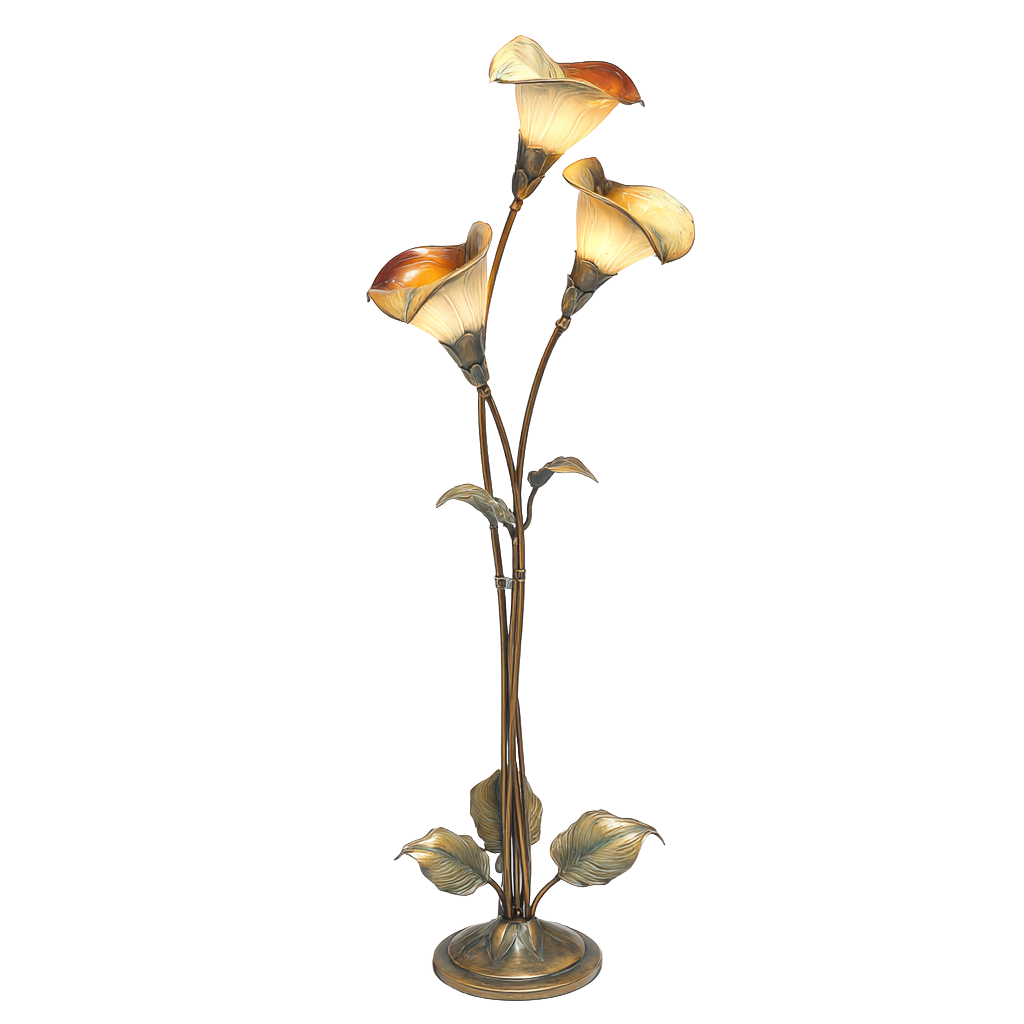 Lámpara de pie estilo lirio de agua en bronce con pantallas de vidrio en forma de flor