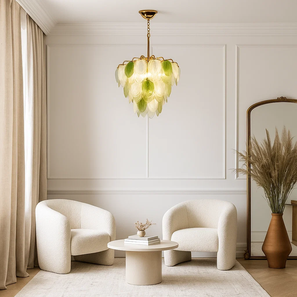 Lámpara de techo colgante con hojas de vidrio verde y blanco en capas