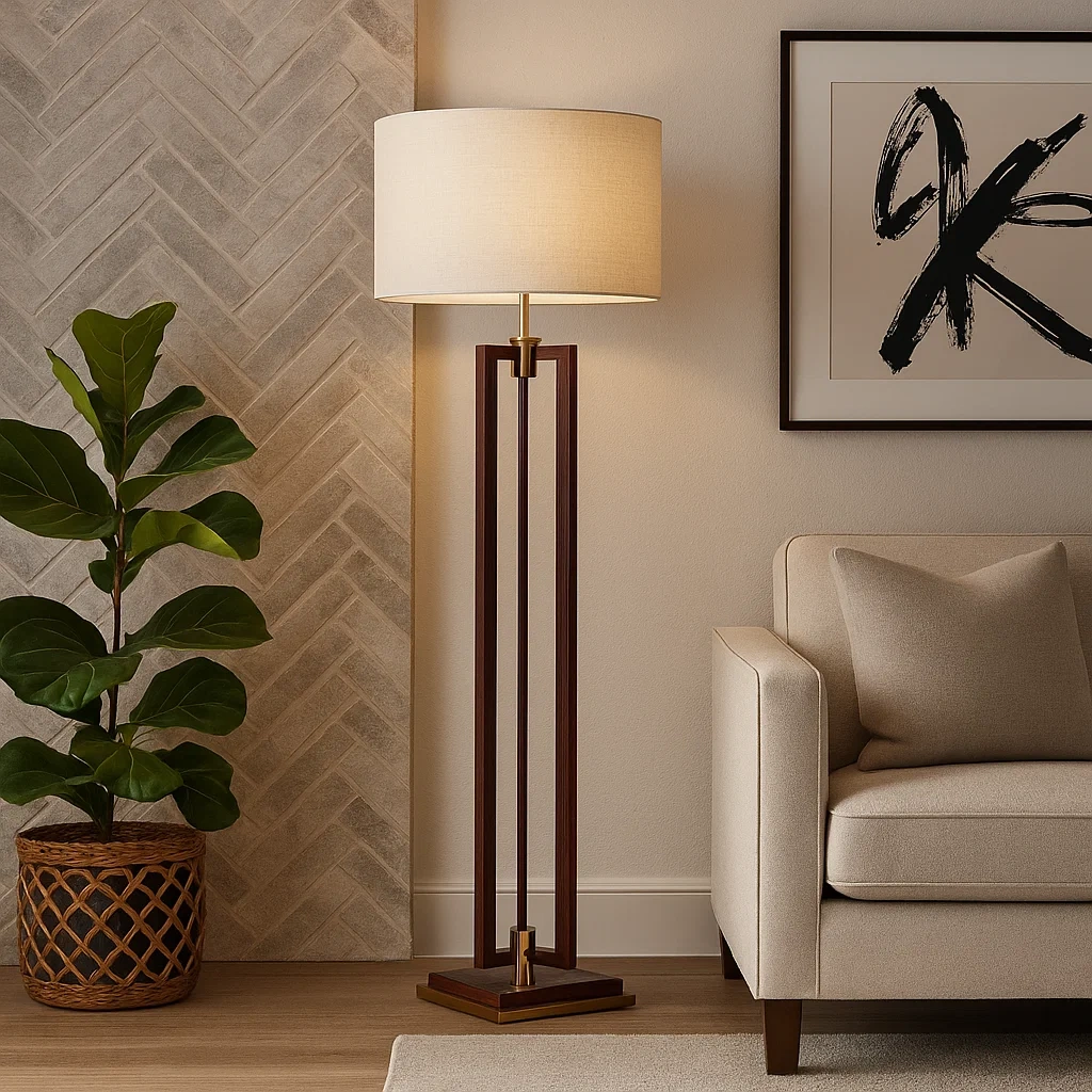 Lámpara de pie moderna con base de madera y pantalla de tela