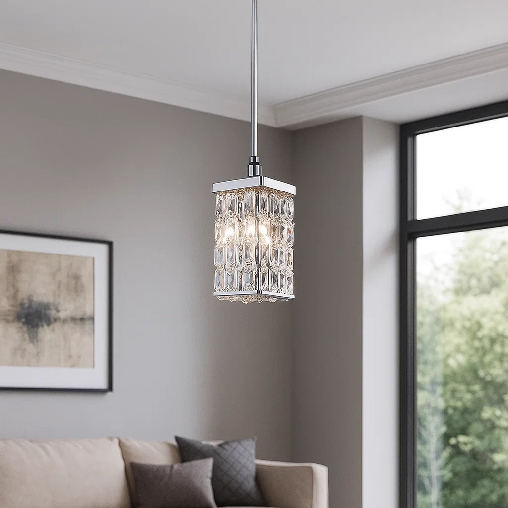 Lámpara colgante pequeña de cristal rectangular con acabado cromado