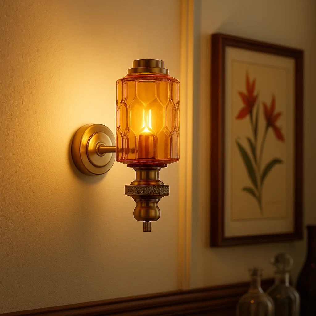 Lámpara de pared moderna con vidrio ámbar y detalles en latón