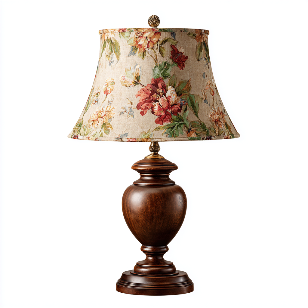 Lámpara de mesa vintage de madera con pantalla floral de lino