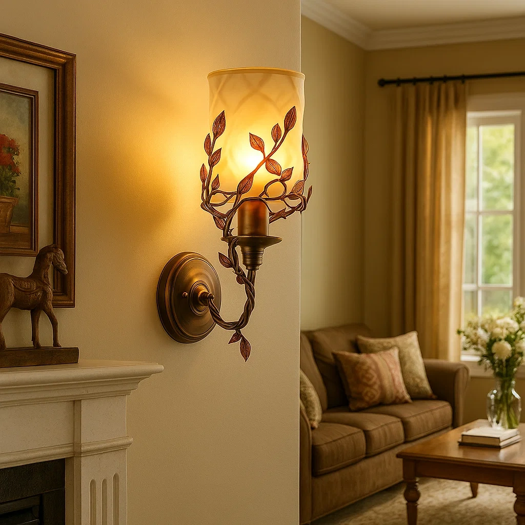 Aplique de pared con pantalla de vidrio y detalles en bronce antiguo