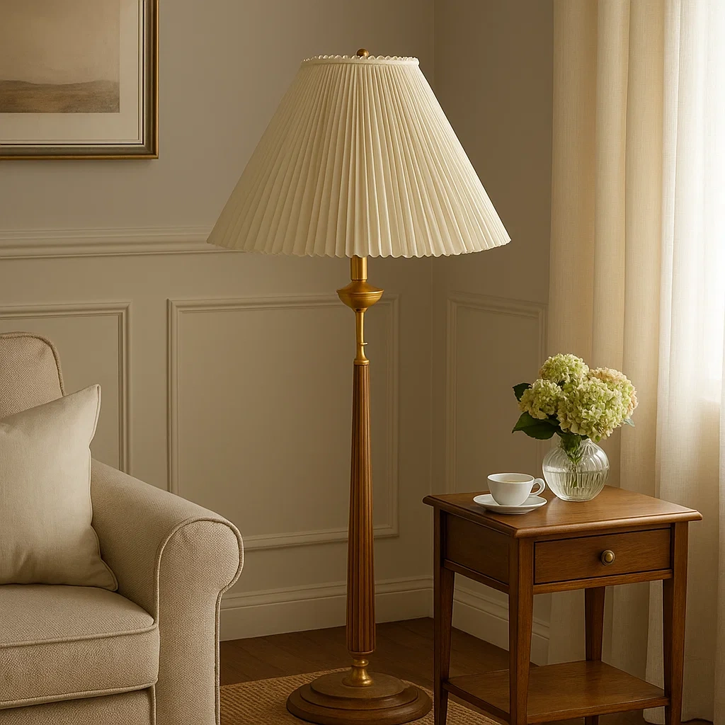 Lámpara de pie clásica con pantalla plisada blanca y base de madera