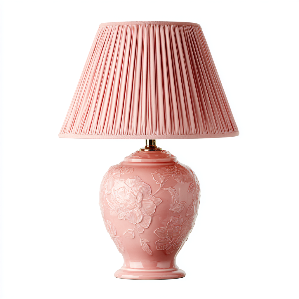 Lámpara de mesa de cerámica rosa con pantalla plisada