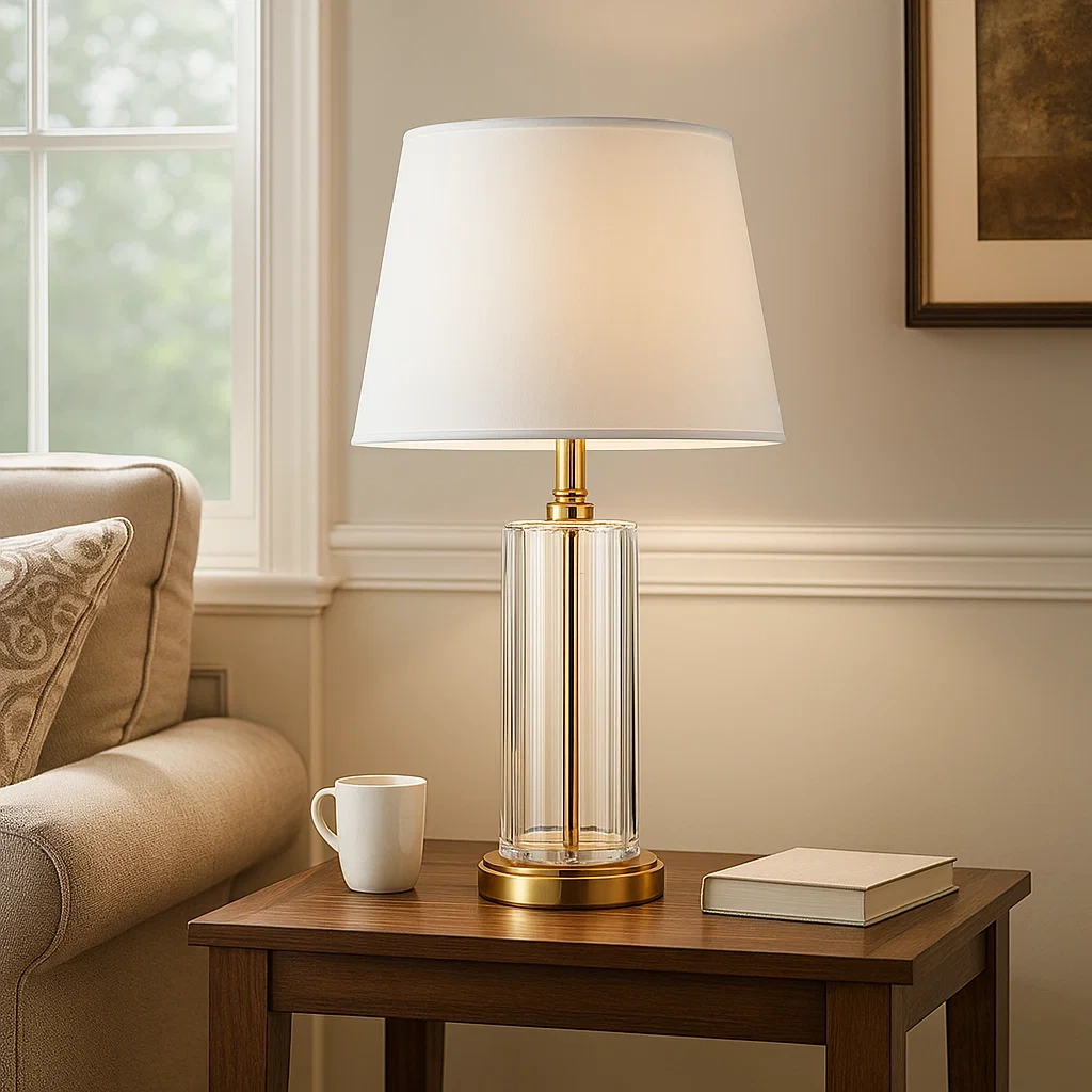 Lámpara de mesa de cristal transparente con detalles en dorado