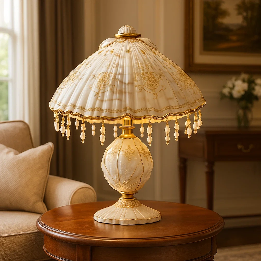 Lámpara de mesa con diseño de concha y detalles dorados