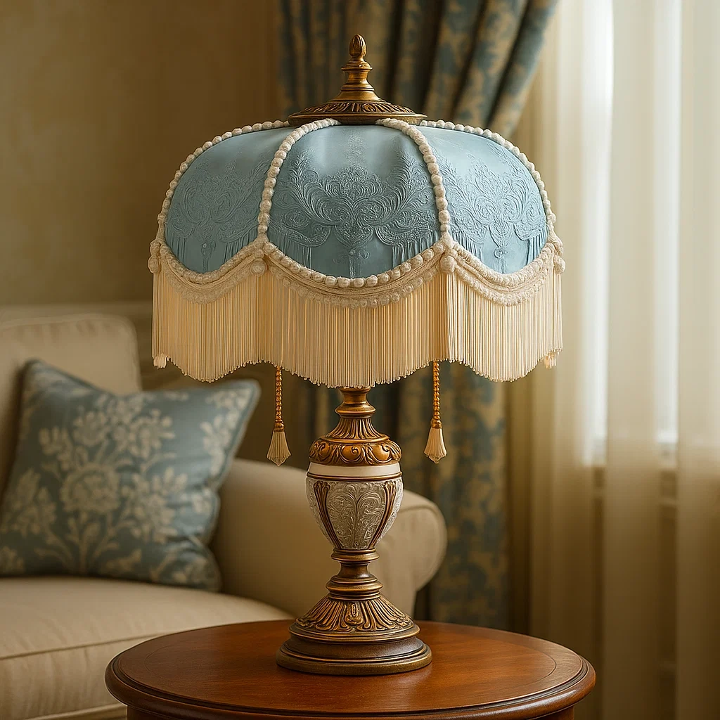 Lámpara de mesa vintage con pantalla azul bordada y flecos decorativos