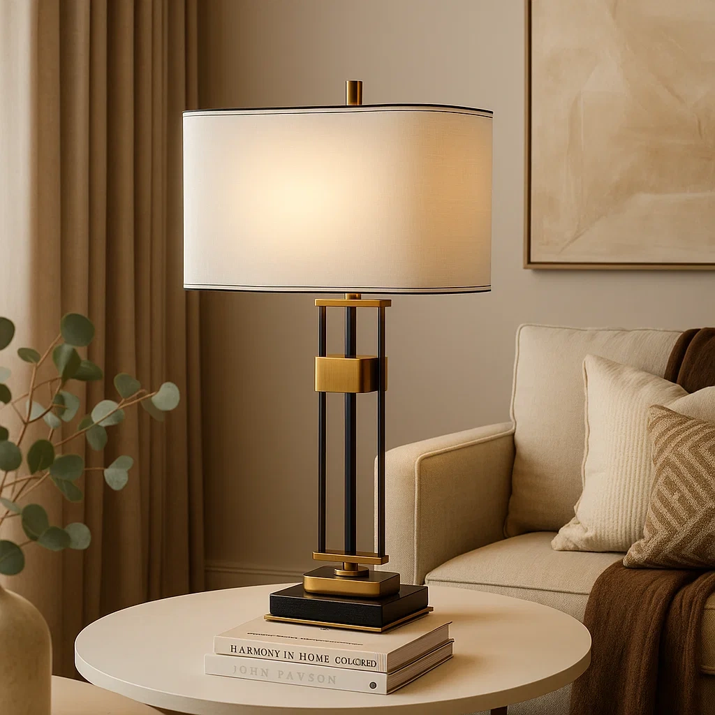 Lámpara de mesa moderna con base negra y detalles dorados