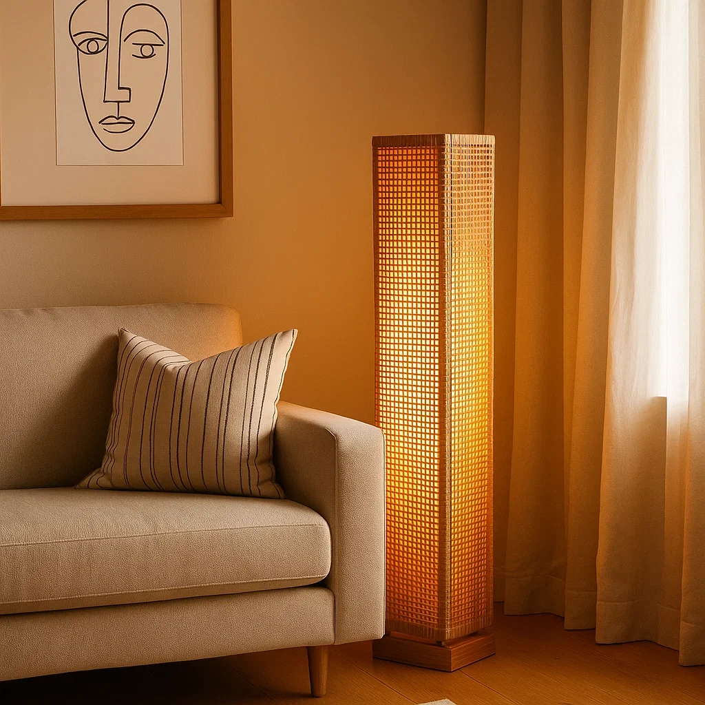 Lámpara de pie rectangular de mimbre tejido con base de madera