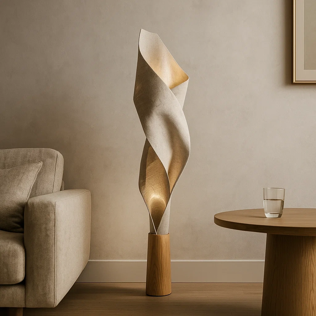 Lámpara de pie escultural con pantalla de lino retorcido y base de madera