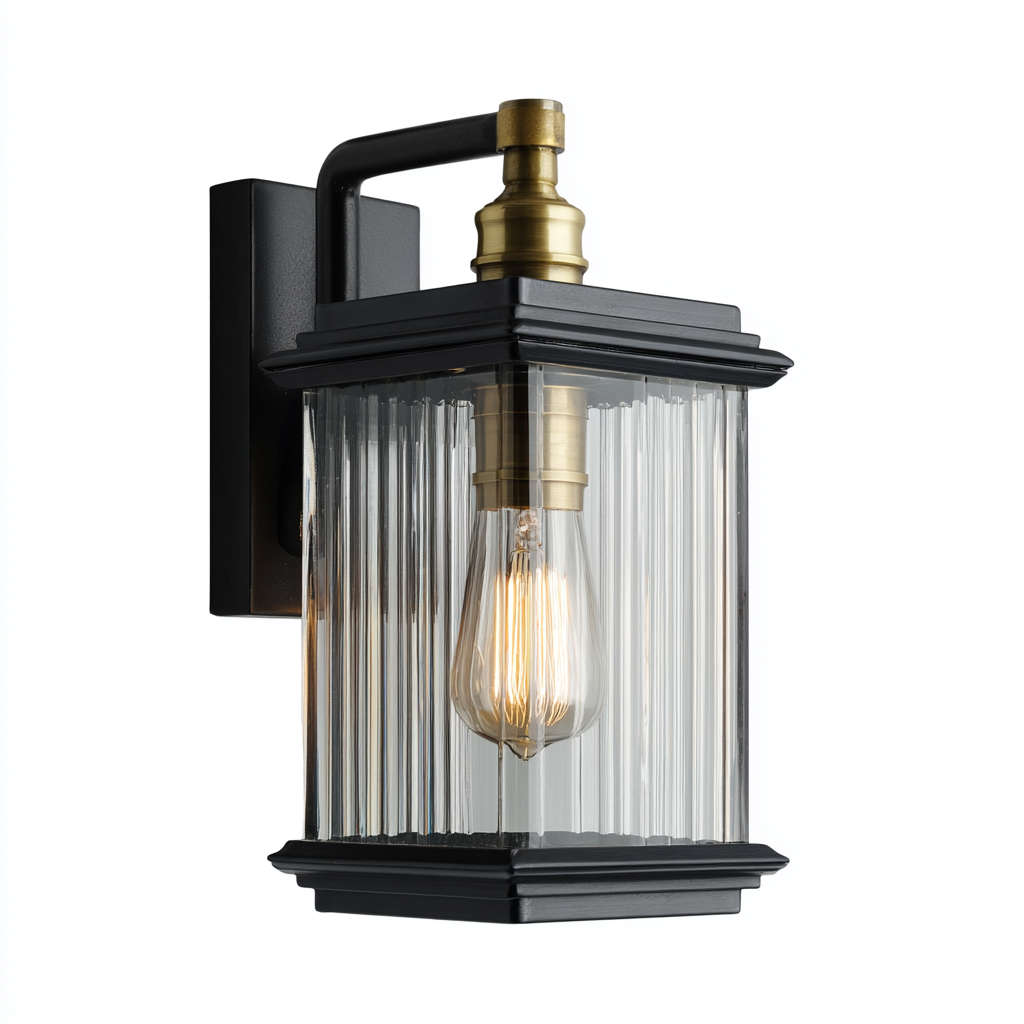 Aplique de pared exterior con vidrio transparente y detalles en latón